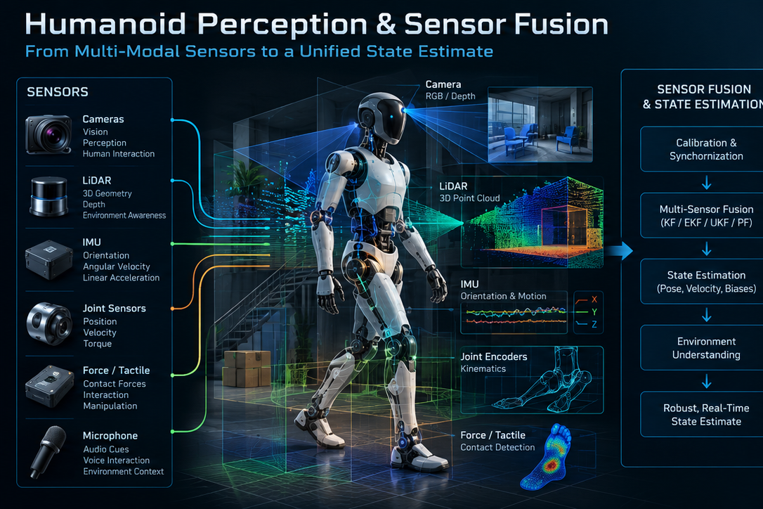 Humanoid sensor fusion and state estimation visualization showing multi-modal sensing, calibration, filtering and state estimation.